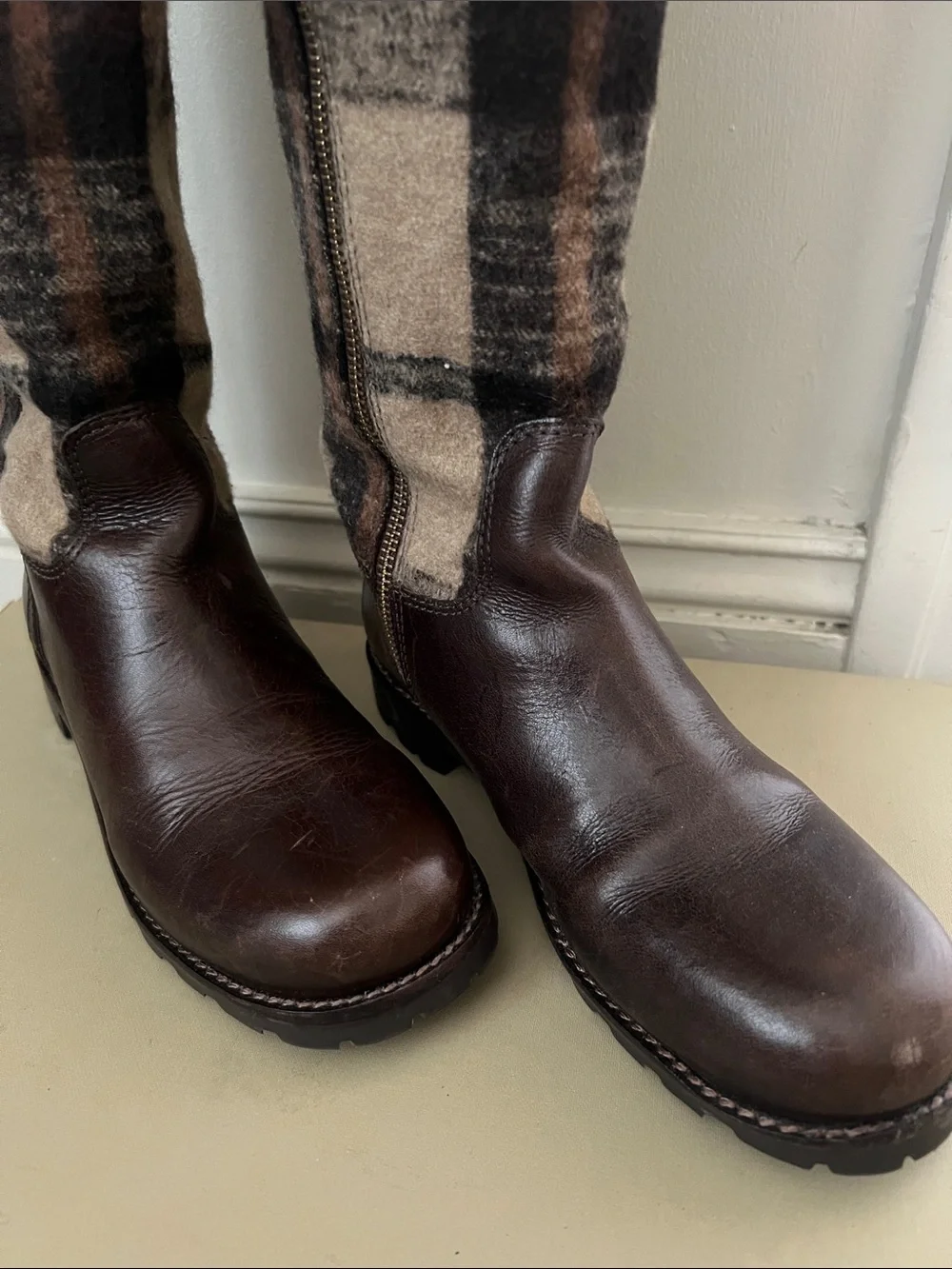 Tory Burch Brown Leather & Plaid Over-the-Knee Lace-Up Boots